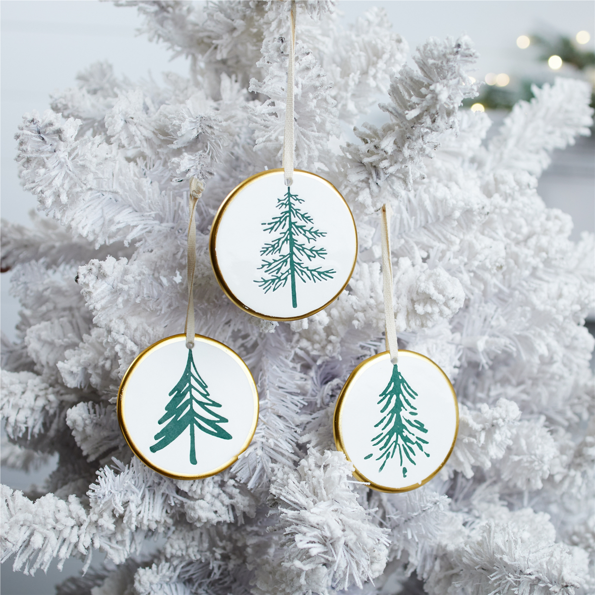 Ceramic Pine Tree Disc Ornament (Set of 12)