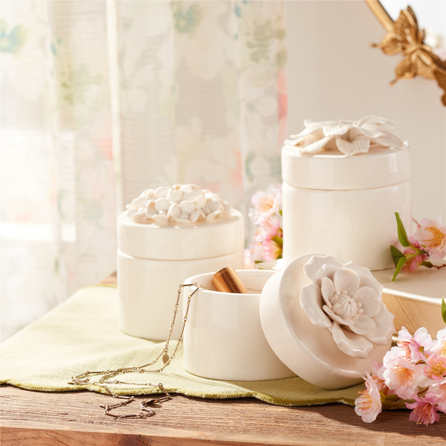 Stoneware Box with Floral Lid Accent (Set of 3)