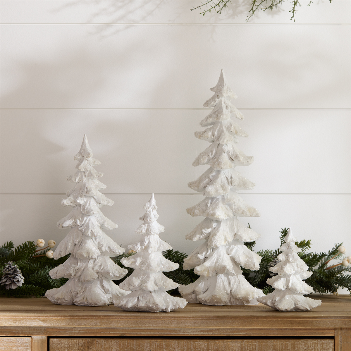 Flocked White Pine Tree with Carved Design (Set of 4) -Ship Only