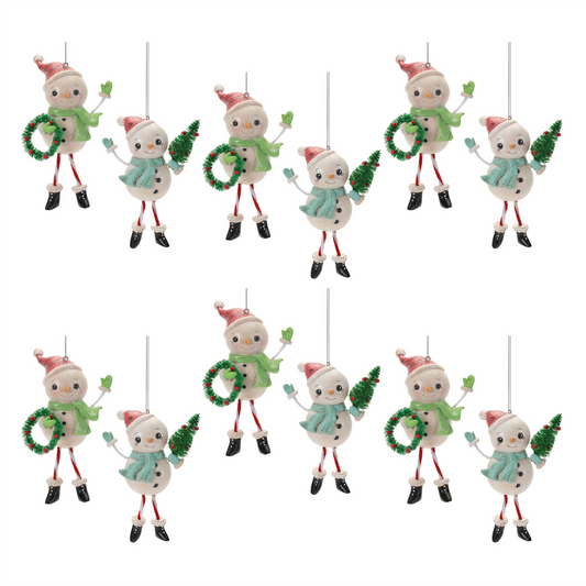 Snowman Ornament (Set of 12) 4”H Resin -Ship Only