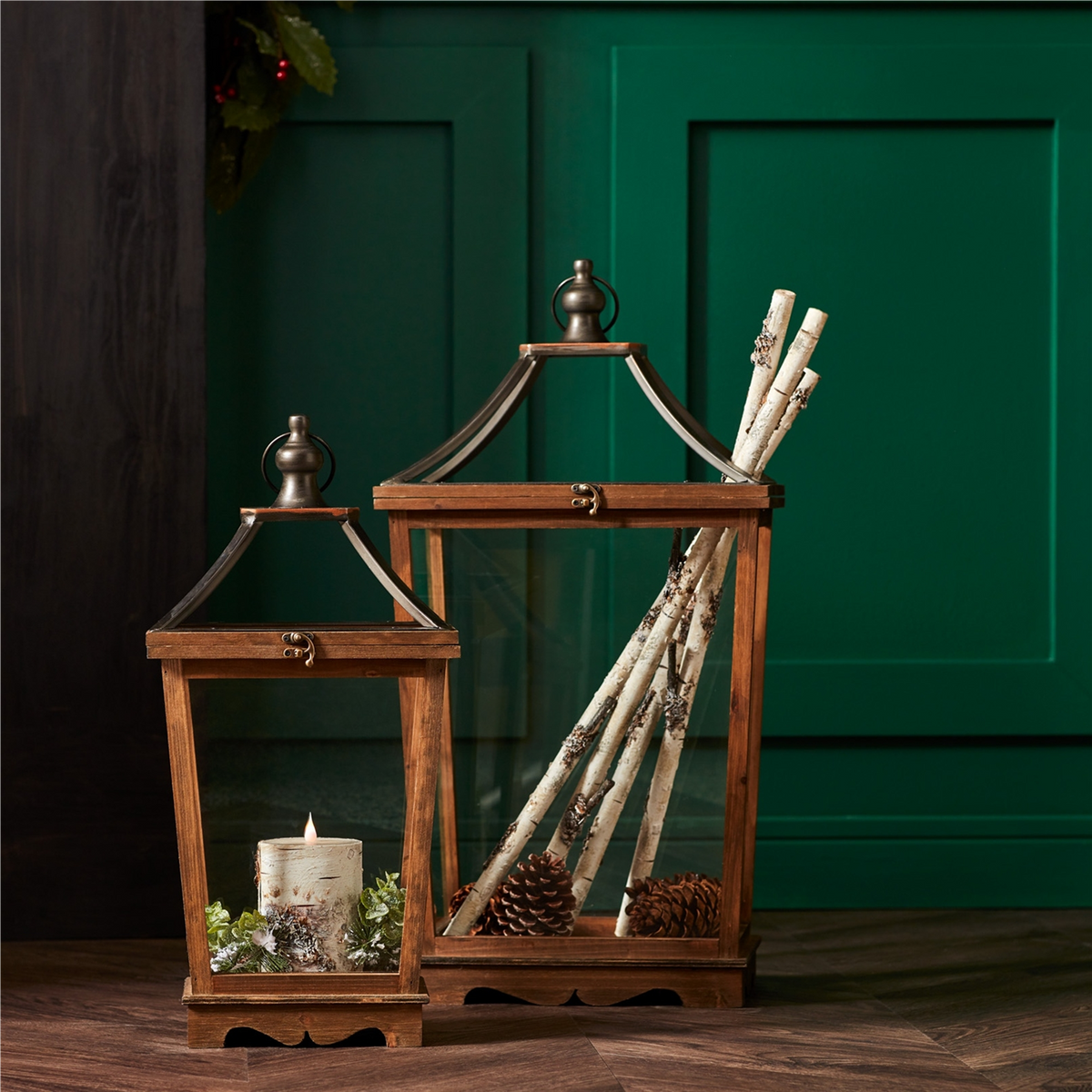 Natural Wooden Lantern with Open Top (Set of 2) -Ship Only