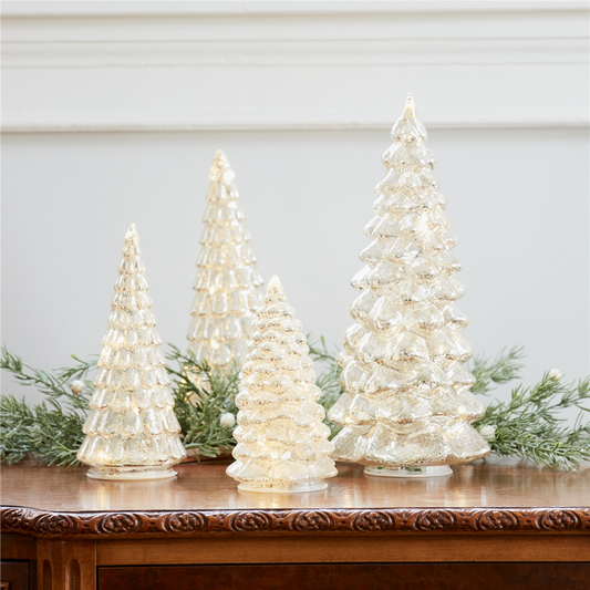 LED Lighted Mercury Glass Holiday Tree Decor (Set of 4) -Ship Only