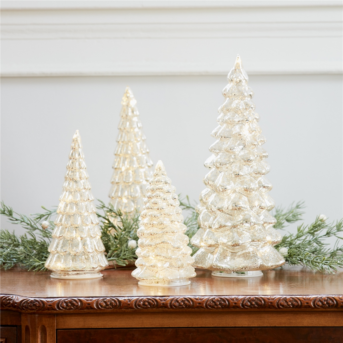 LED Lighted Mercury Glass Holiday Tree Decor (Set of 4) -Ship Only
