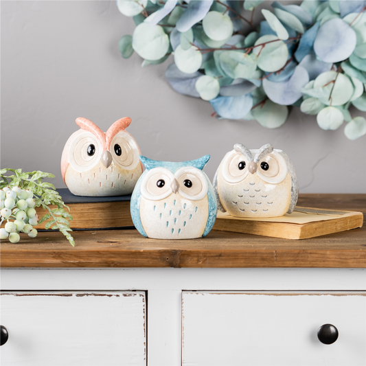 Whimsical Pastel Terra Cotta Owl Figurine (Set of 3) -Ship Only