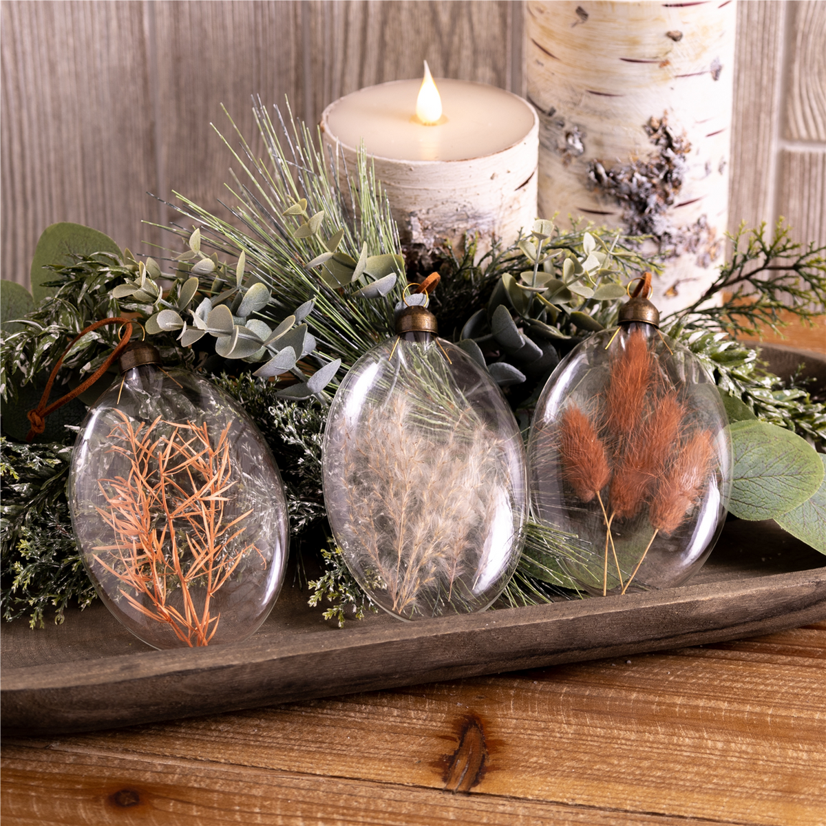 Burgandy Dried Floral Glass Ornament (Set of 12) -Ship Only