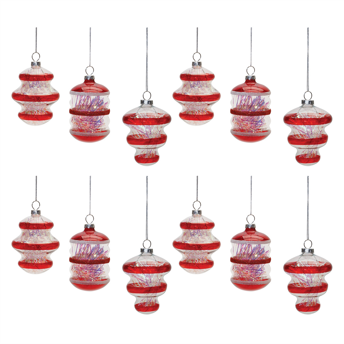 Finial Glass Ornament with Tinsel Filling (Set of 12) -Ship Only