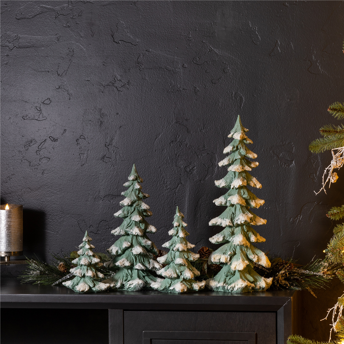 Flocked Seafoam Pine Tree with Carved Design (Set of 4) -Ship Only