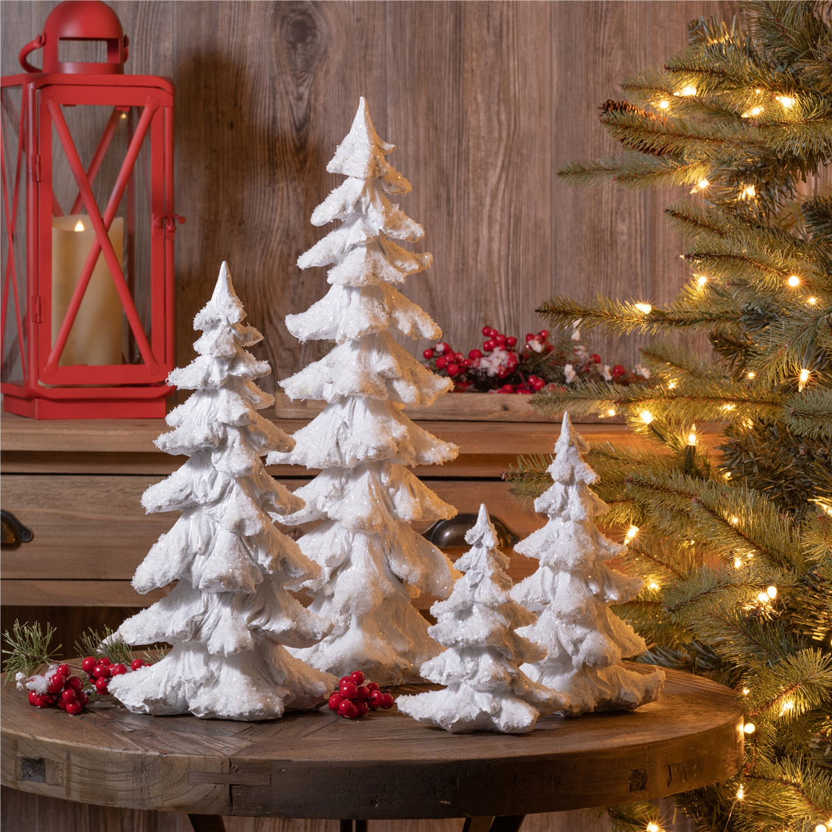 Flocked White Pine Tree with Carved Design (Set of 4) -Ship Only