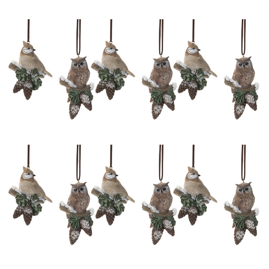 Cardinal and Owl Ornament (Set of 12) 4”H Resin -Ship Only