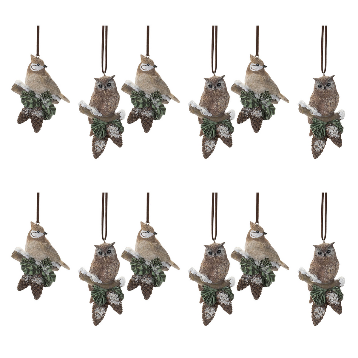 Cardinal and Owl Ornament (Set of 12) 4”H Resin -Ship Only