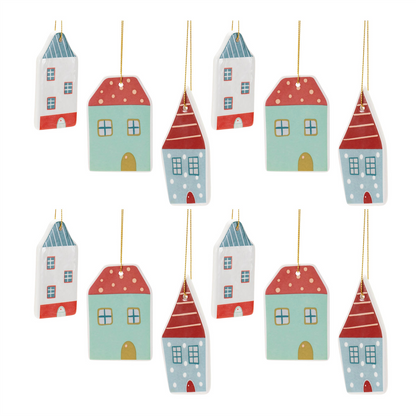 Ceramic Winter House Ornament (Set of 12)