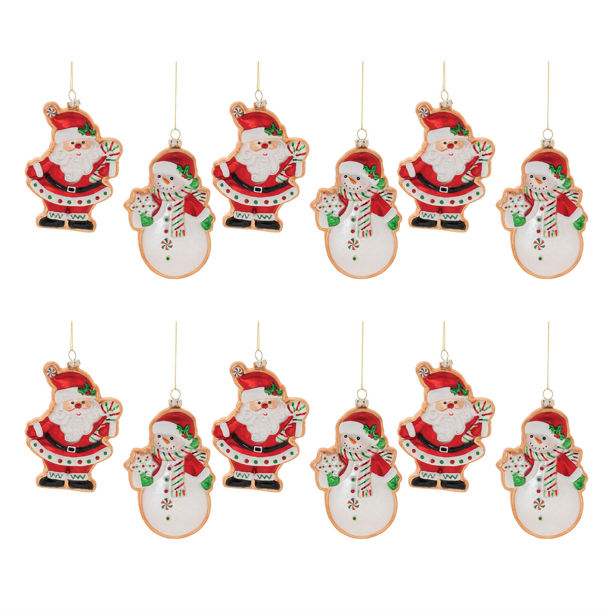 Santa and Snowman Cookie Ornament (Set of 12) 5”H Glass -Ship Only