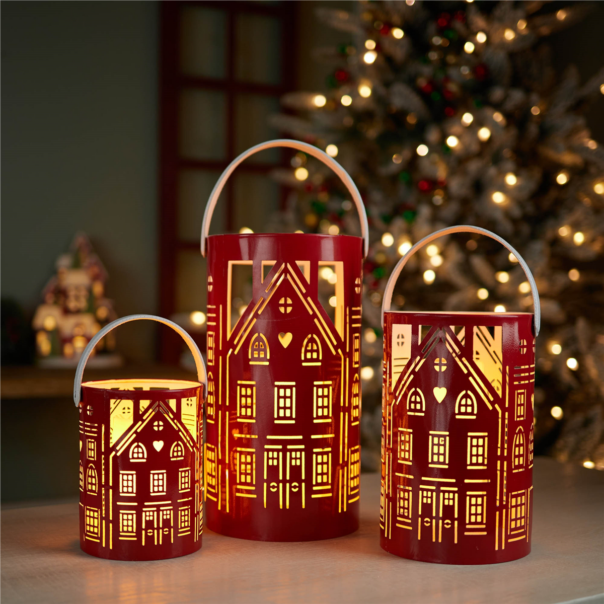 Punched Metal House Lantern (Set of 3)