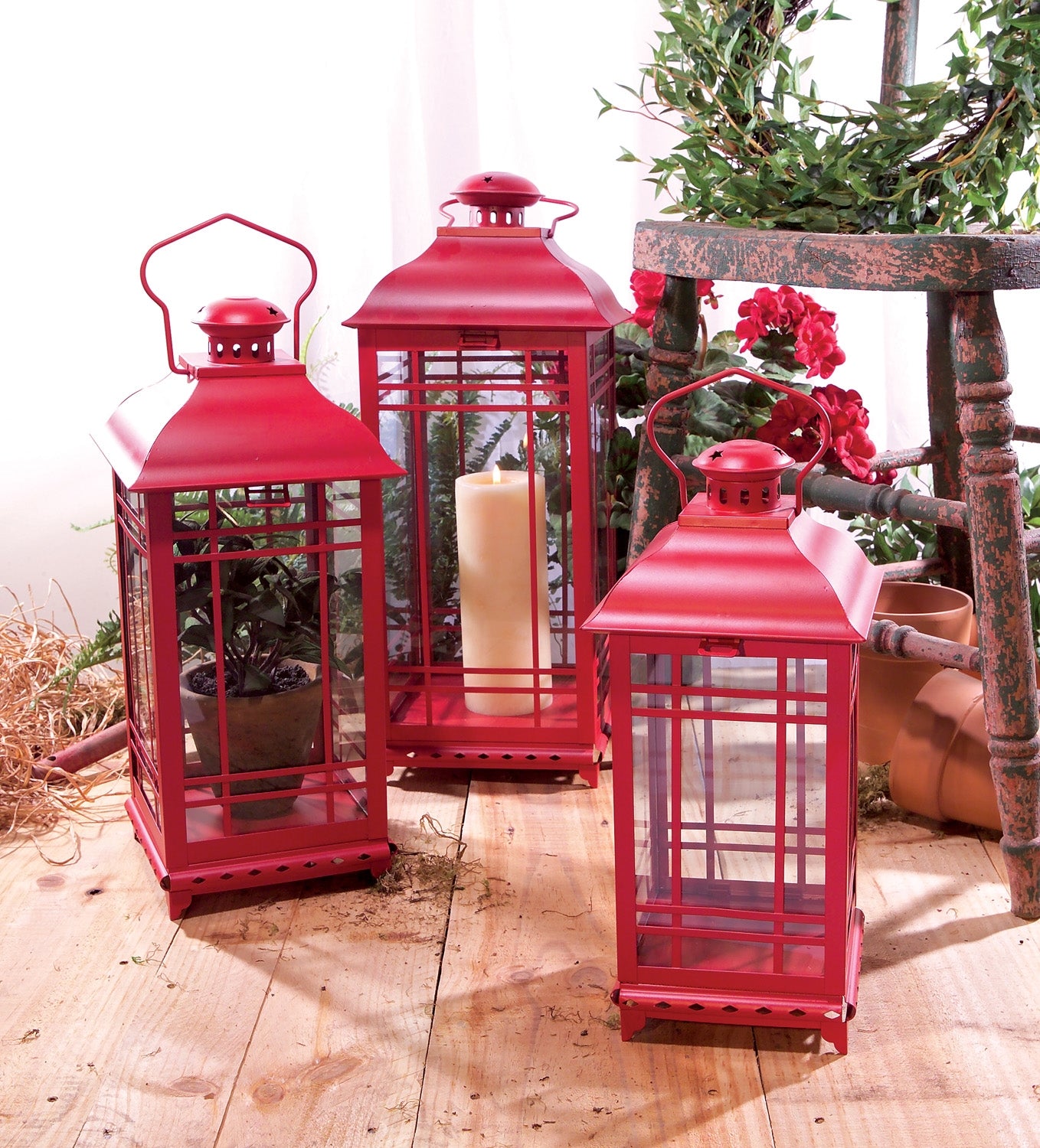 Traditional Red Metal Lantern (Set of 3) -Ship Only