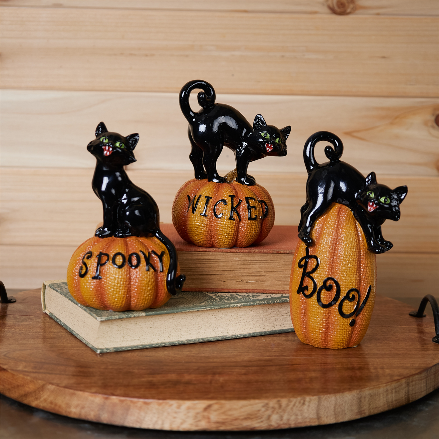 Black Cat on Pumpkin Figurine (Set of 3) -Ship Only