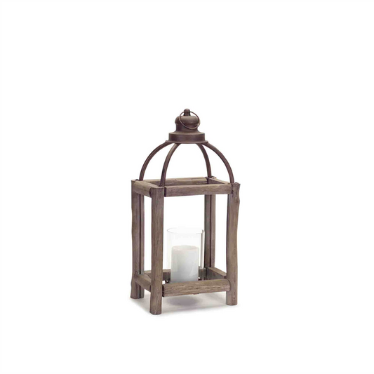 Rustic Wood Log and Antique Metal Lantern with Glass Hurricane (Set of 2) -Ship Only
