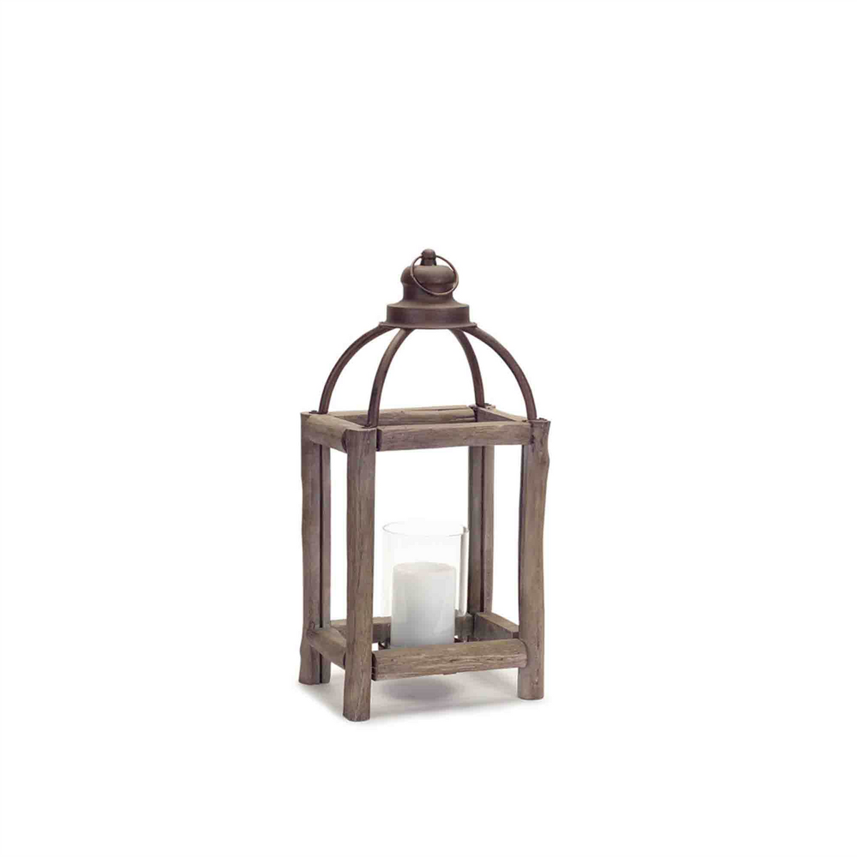 Rustic Wood Log and Antique Metal Lantern with Glass Hurricane (Set of 2) -Ship Only