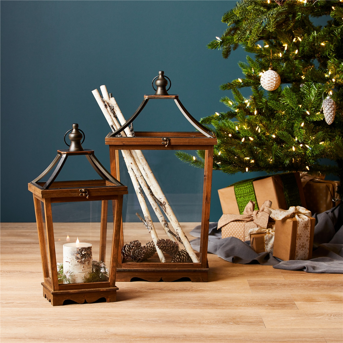 Natural Wooden Lantern with Open Top (Set of 2) -Ship Only