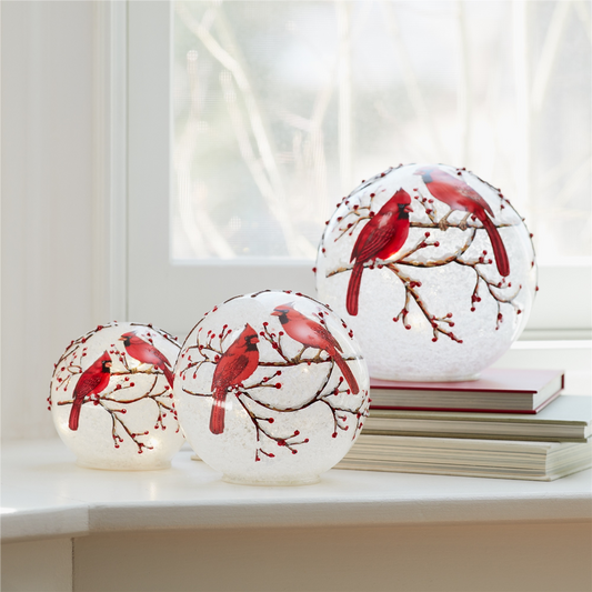 LED Frosted Cardinal Orb with Berry Branch Design (Set of 3) -Ship Only