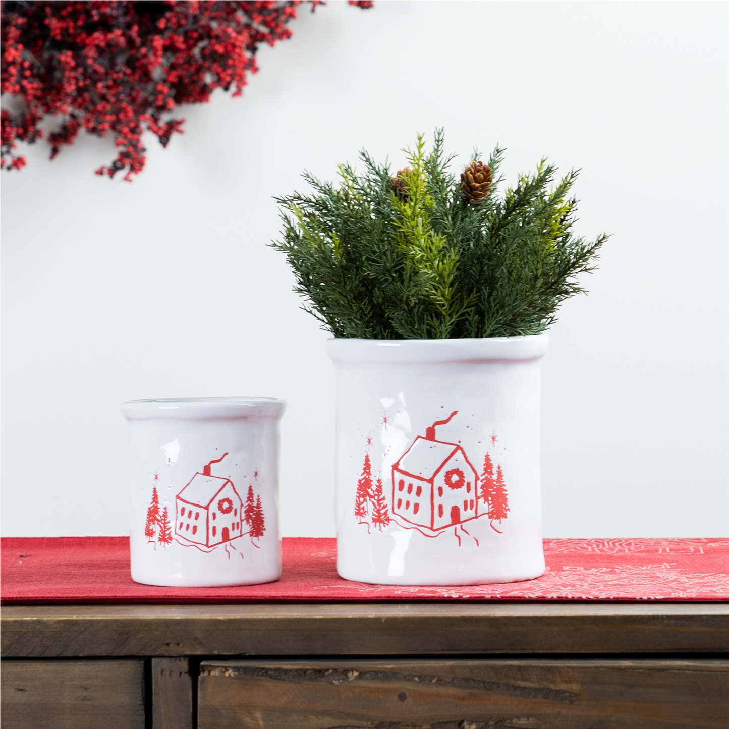 Ceramic Crock with Snowy House Scene (Set of 4) -Ship Only
