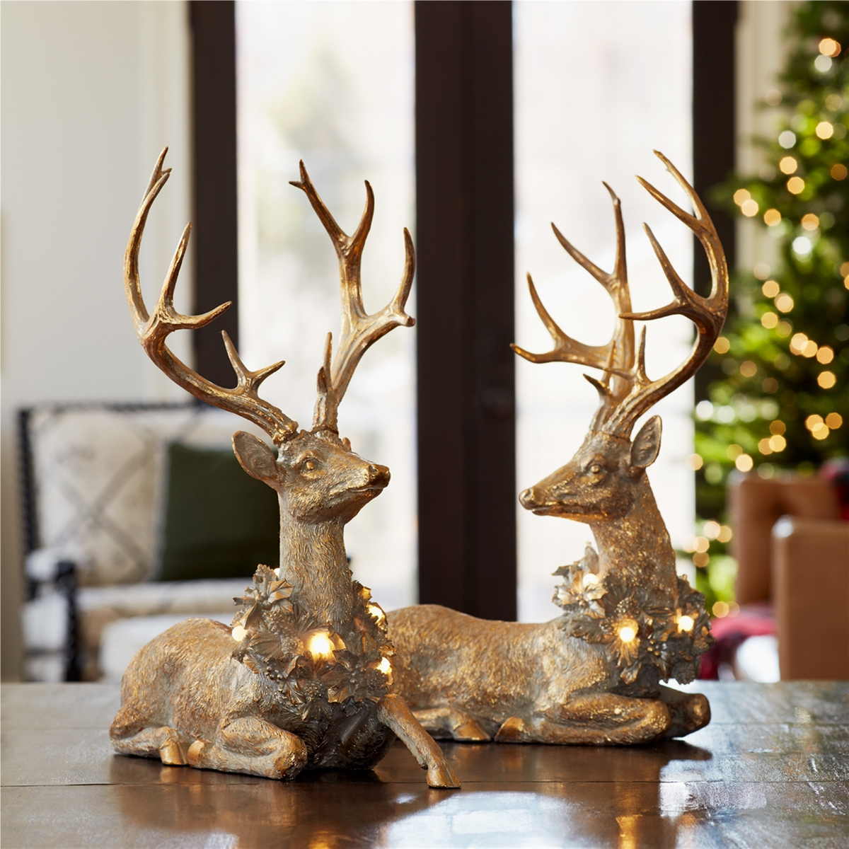 Holiday Deer Figurine with Lighted Wreath and Gold Finish (Set of 2) -Ship Only