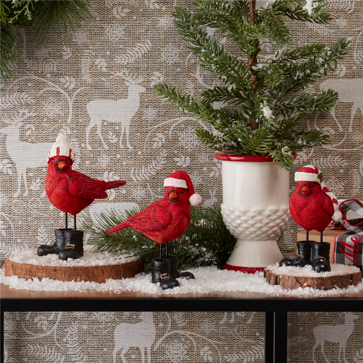 Winter Cardinal Bird Figurine with Santa Boots and Hat (Set of 3) -Ship Only