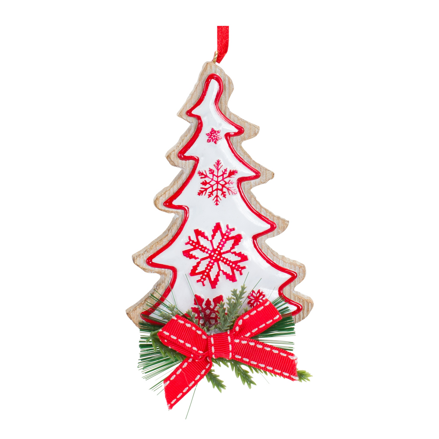 Nordic Snowflake Character Tree Ornament with Pine Bow Accent (Set of 6) -Ship Only
