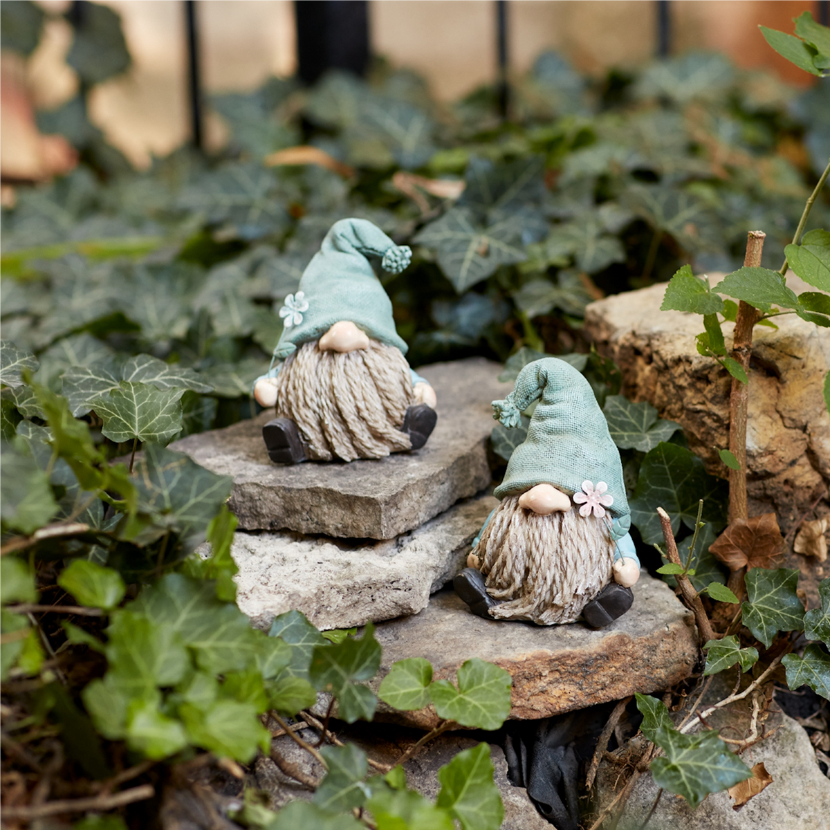 Stone Garden Gnome Figurine with Flower Stem Accent (Set of 4) -Ship Only