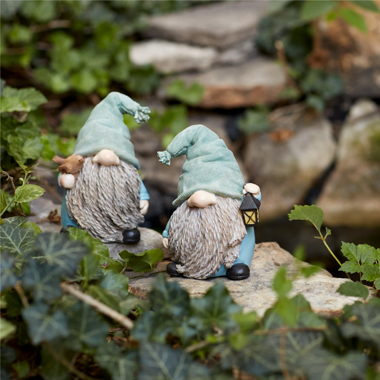 Stone Garden Gnome Figurine with Bird and Lantern Accent (Set of 4) -Ship Only