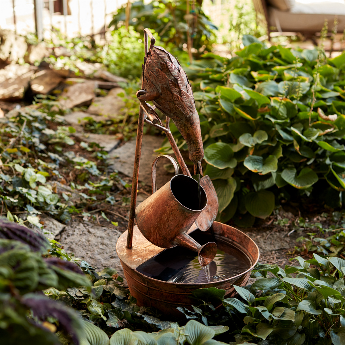 Rustic Metal Fountain with Duck and Watering Can 33"H -Ship Only