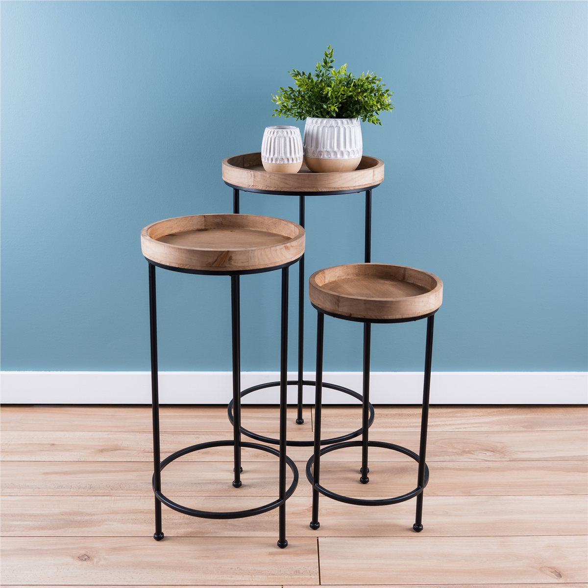 Round Wood and Metal Plant Stand Table (Set of 3) -Ship Only