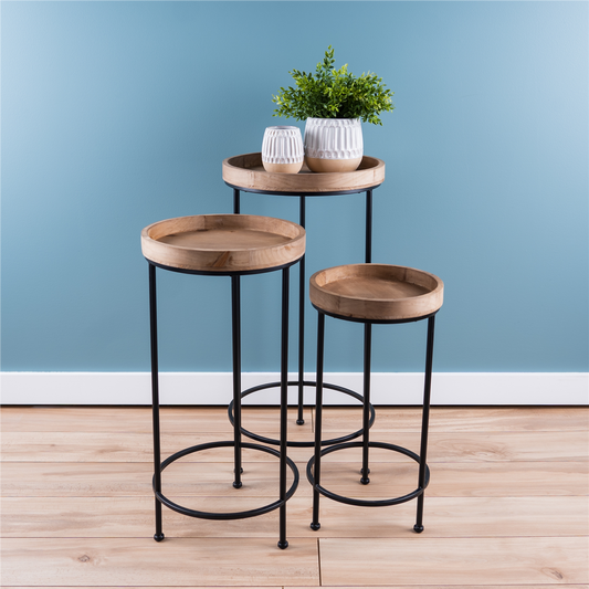 Round Wood and Metal Plant Stand Table (Set of 3) -Ship Only