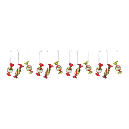 Candy Ornament (Set of 12) 3.25”H Glass -Ship Only