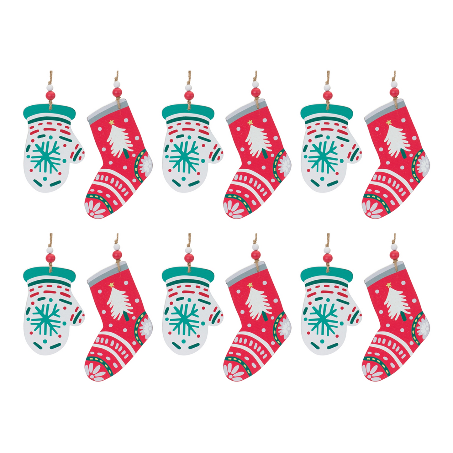 Wood Mitten and Stocking Ornaments (Set of 12) -Ship Only