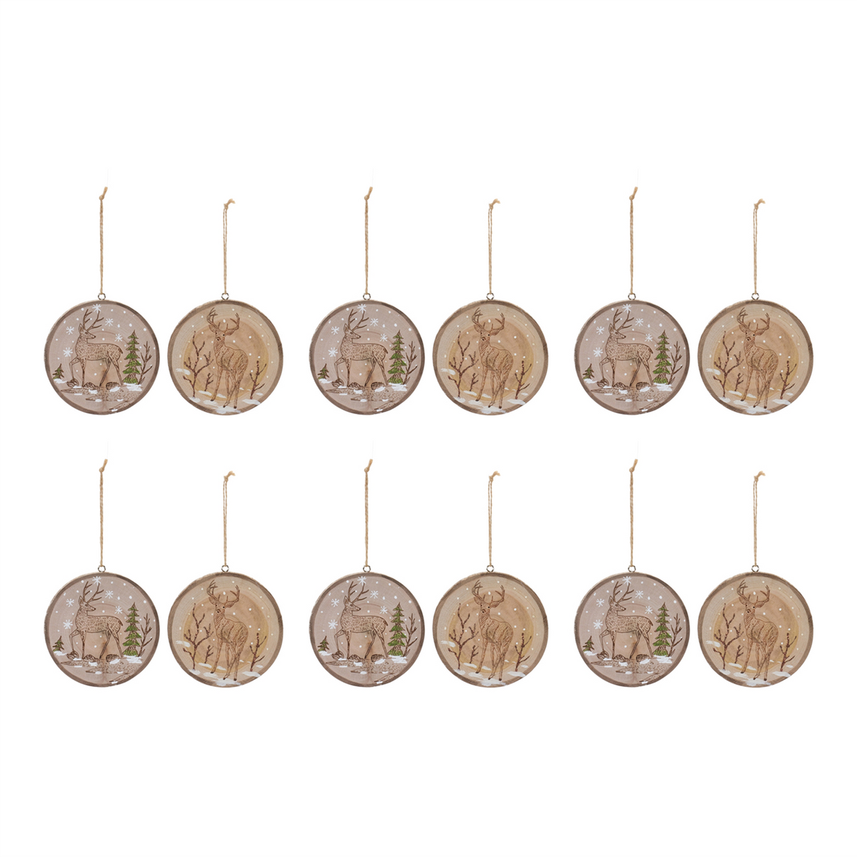 Deer Disc Ornament (Set of 12) 4”H Wood -Ship Only