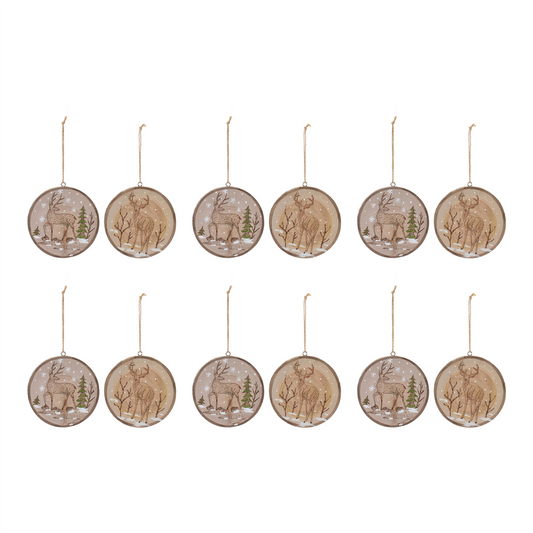 Deer Disc Ornament (Set of 12) 4”H Wood -Ship Only