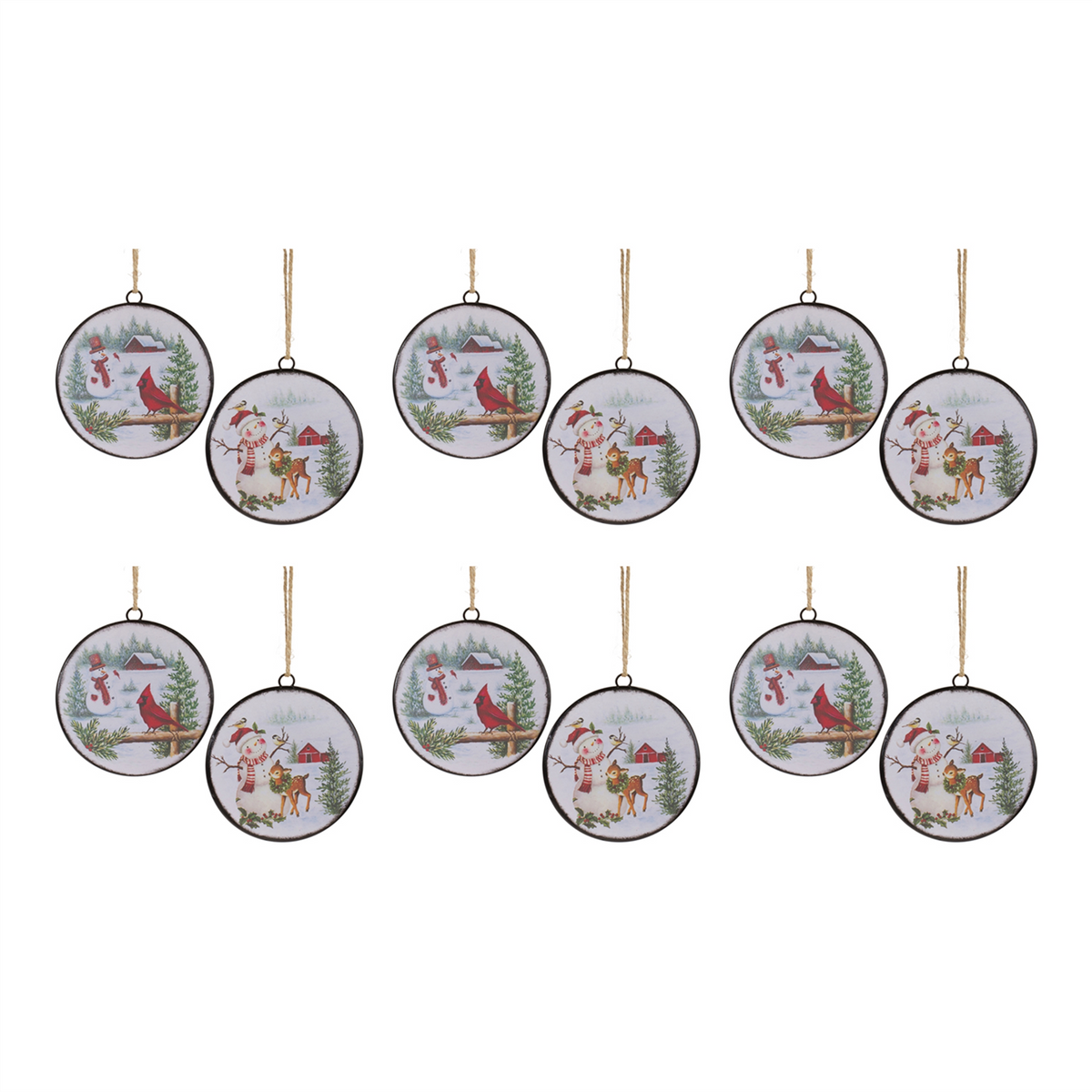 Snowman Disc Ornament (Set of 12) 6.5”H Metal -Ship Only