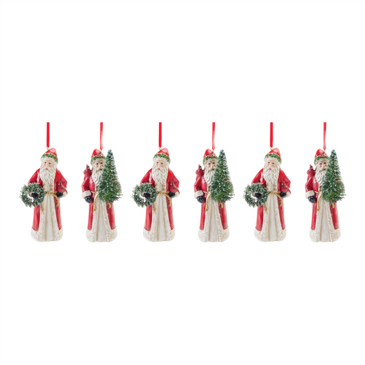 Santa w/Cardinal Ornament (Set of 6) 4.5”H Resin -Ship Only