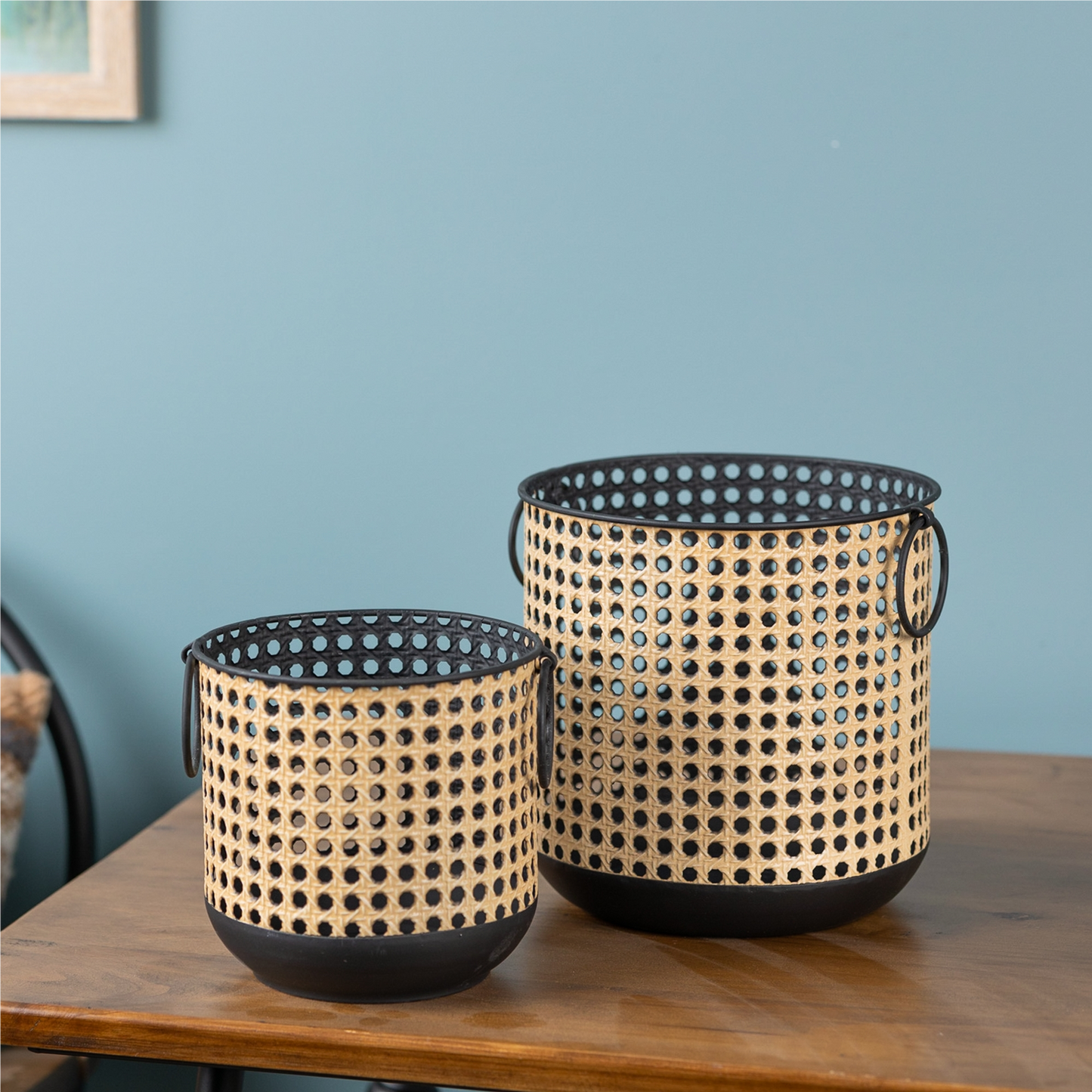 Punched Metal Candle Holder with Rattan Design (Set of 2) -Ship Only