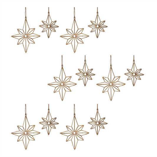 Star Ornament (Set of 12) 6"H, 8"H Iron/Rattan -Ship Only