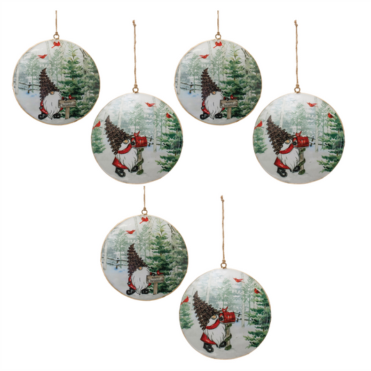 Metal Gnome Cardinal Forest Disc Ornament (Set of 6) -Ship Only