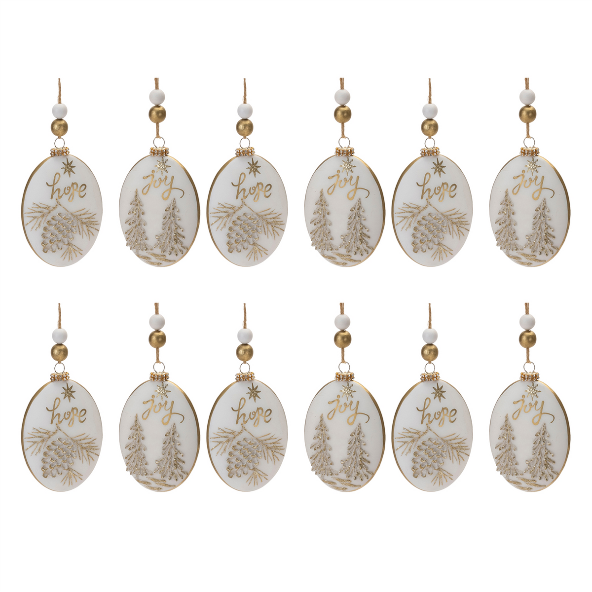 Glittered Glass Hope and Joy Ornament with Wood Beads (Set of 12) -Ship Only