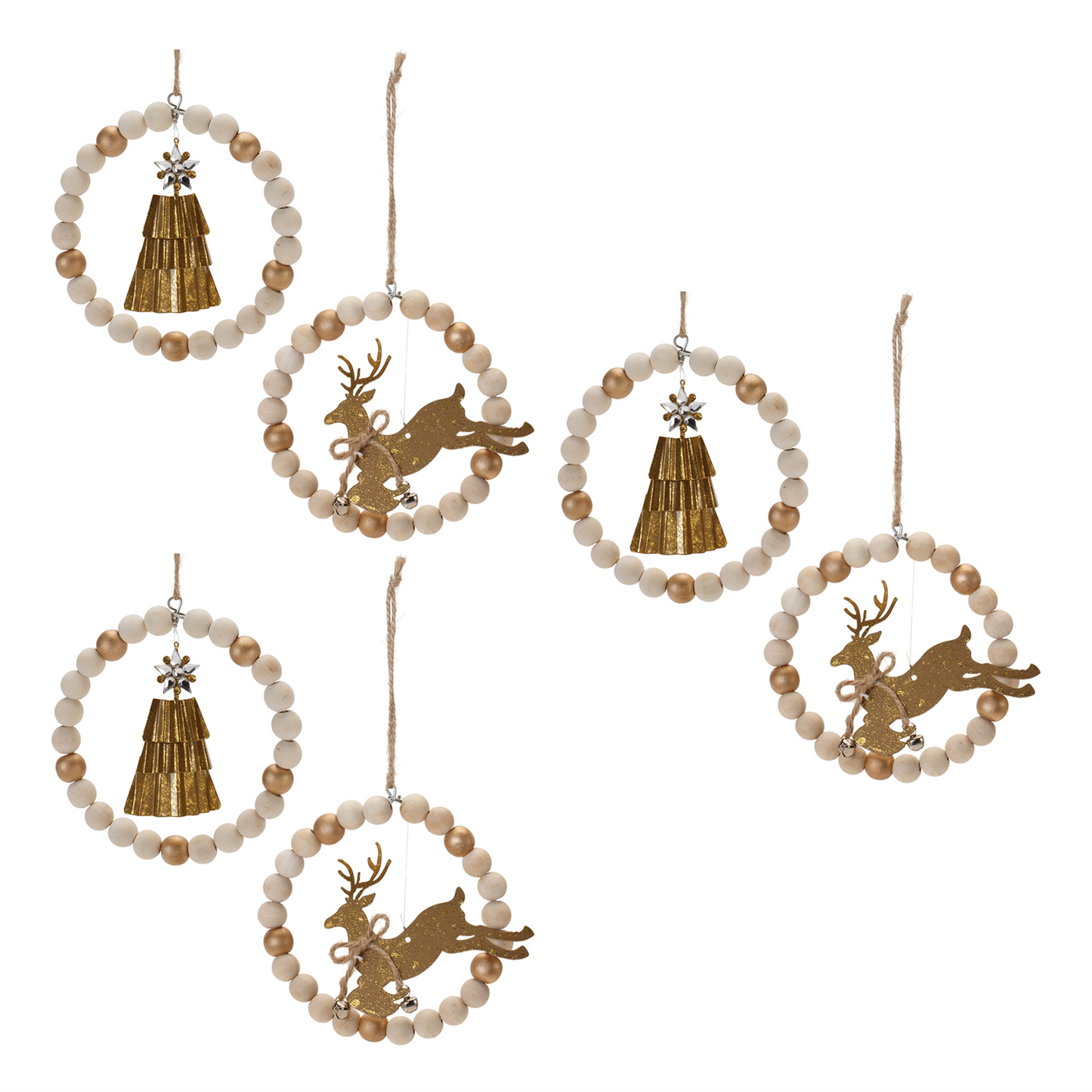 Beaded Wood Tree and Deer Ornament (Set of 6) -Ship Only