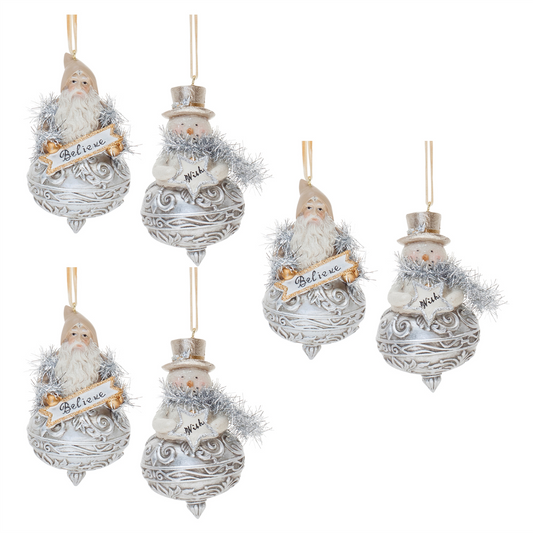Ornate Santa and Snowman Finial Ornament (Set of 6) -Ship Only