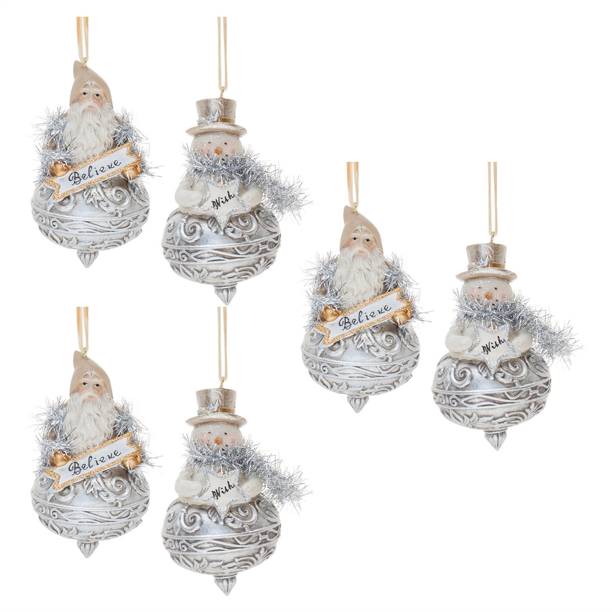 Ornate Santa and Snowman Finial Ornament (Set of 6) -Ship Only