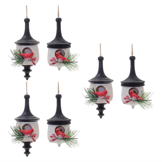 Wood Finial Birdhouse with Cardinal Ornament (Set of 6) -Ship Only