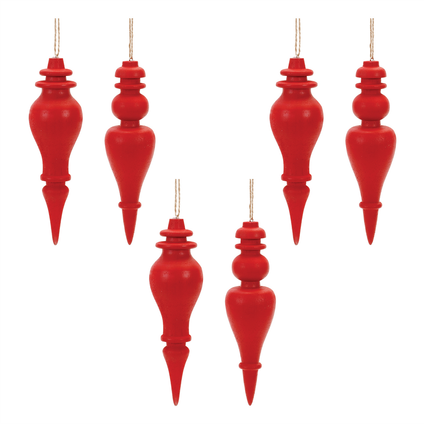 Red Wood Finial Drop Ornament (Set of 6) -Ship Only