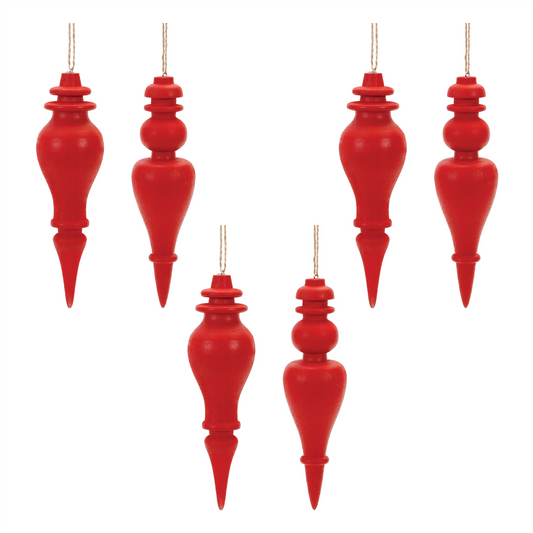Red Wood Finial Drop Ornament (Set of 6) -Ship Only