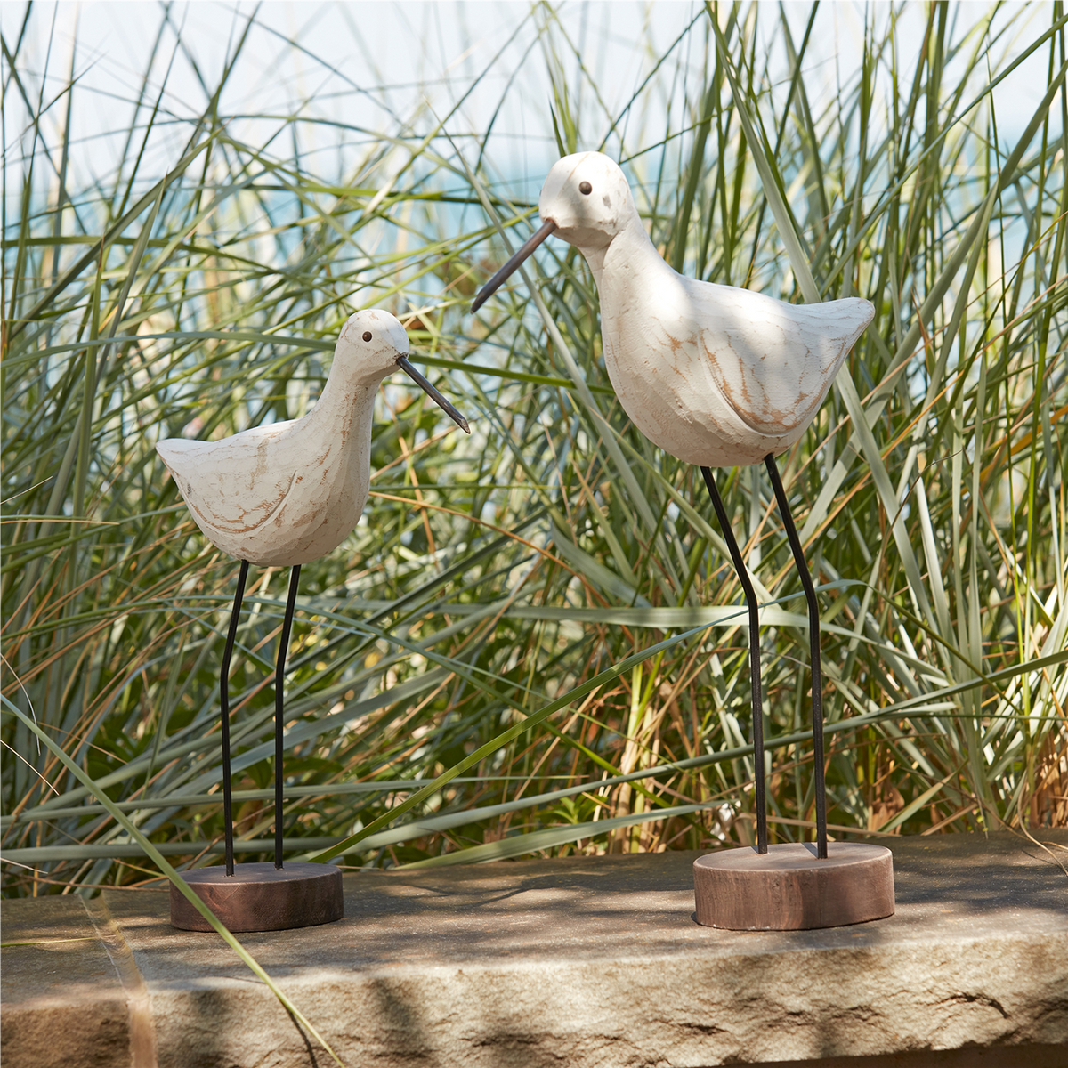 Carved Wood Sea Bird with Metal Stand (Set of 2) -Ship Only