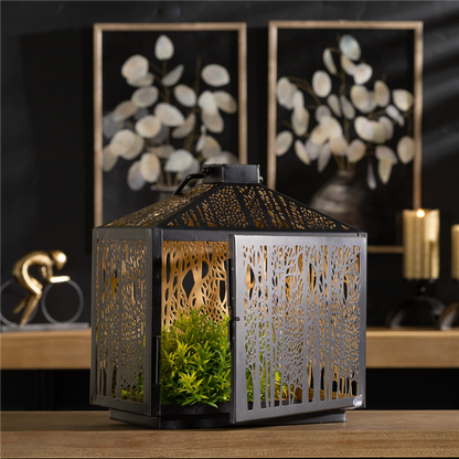 Forest Cut Metal Lantern with Gold Accent 12"H -Ship Only